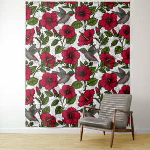 Hibiscus bloemen en kolibrie wandkleed