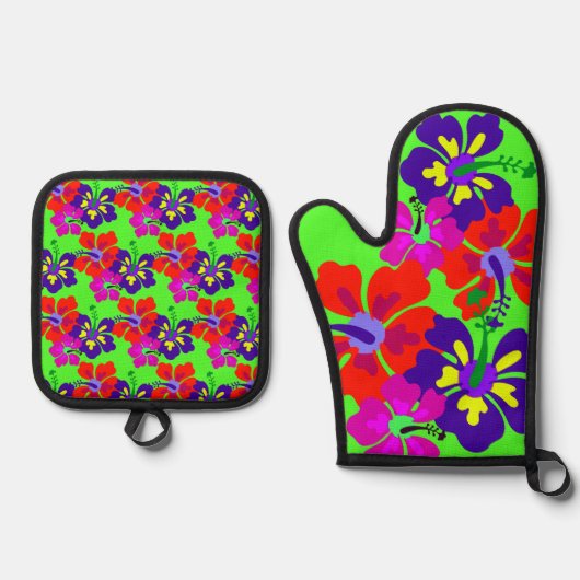 HIbiscus Bloemen Ovenwant & Pannenlap Set (Voorkant)