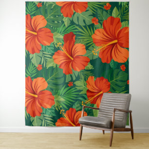 Hibiscus Bloemen Rood Oranje Groen Jungle Loof Wandkleed