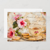 Hibiscus Blossoms with Fantasy Script and Tea Cup Briefkaart (Voorkant / Achterkant)