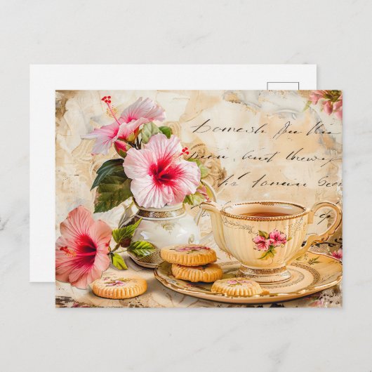 Hibiscus Blossoms with Fantasy Script and Tea Cup Briefkaart (Voorkant / Achterkant)