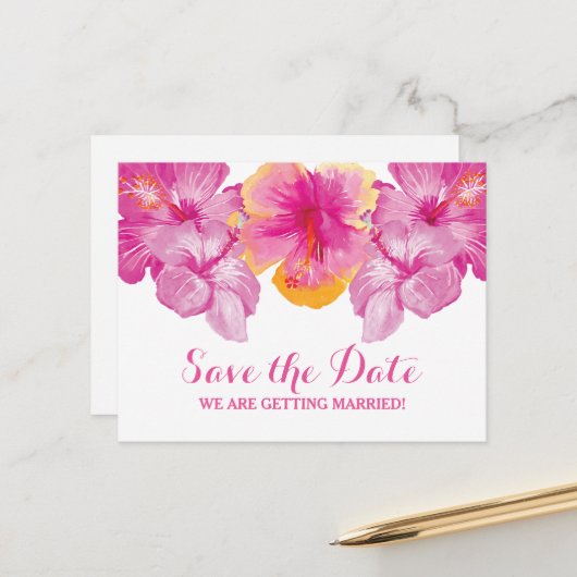 Hibiscus brossé floral Enregistrer la date Carte p (Devant/Arrière en situation)