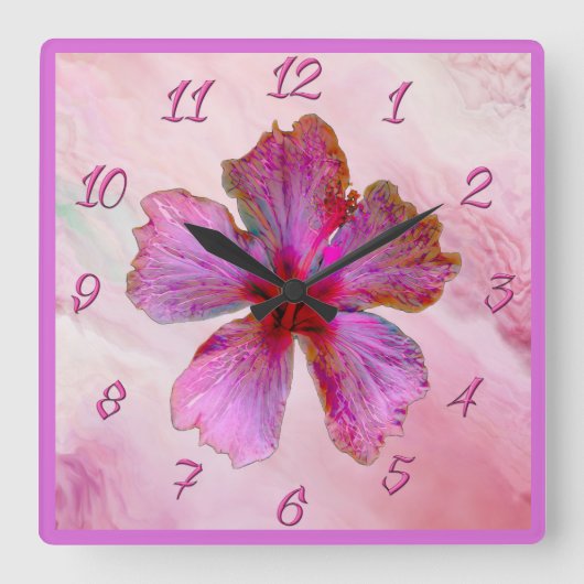 Hibiscus Design Floral Clock in Pinks Vierkante Klok (Voorkant)