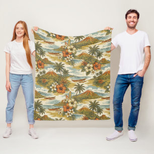 Hibiscus Eiland Hawaiaans Schilderij - Goud en Ora Fleece Deken