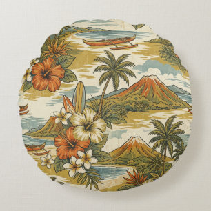 Hibiscus Eiland Hawaiaans Schilderij - Goud en Ora Rond Kussen