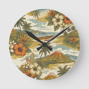 Hibiscus Eiland Hawaiaans Schilderij - Goud en Ora Ronde Klok