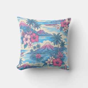 Hibiscus Eiland Hawaiaans Schilderij - Roze en Bla Buitenkussen