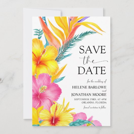 Hibiscus Elegante Tropische Bestemming Trouwen Save The Date (Voorkant)