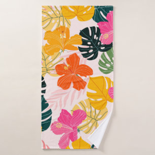 Hibiscus en monstera verlaat tropisch patroon desi badhanddoek
