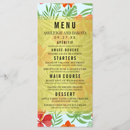 Hibiscus en palmbladeren Bruiloft Menu (Voorkant)