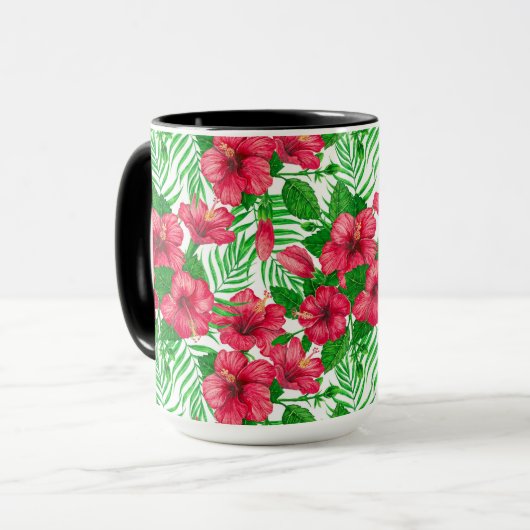 Hibiscus en palmbladeren mok (Voorkant links)