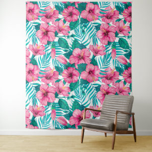 Hibiscus en palmbladeren wandkleed