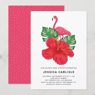 Hibiscus en Pink Flamingo Tropical Baby shower Kaart