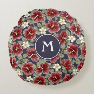 Hibiscus en Plumeria - Maroon Rond Kussen