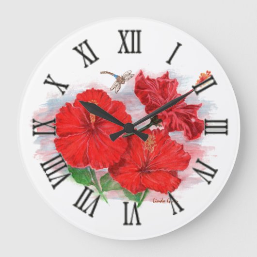 Hibiscus et libellules Grande horloge ronde (Recto)