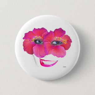 Hibiscus Face met glimlach - Roze Ronde Button 5,7 Cm
