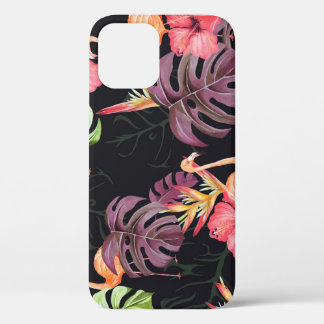 Hibiscus, flamingo's, Waterverf tropisch patroon. iPhone 12 Hoesje