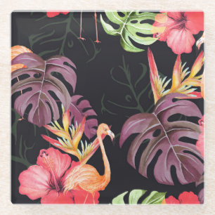 Hibiscus, flamingo's, Waterverf tropisch patroon. Glazen Onderzetter