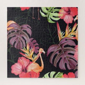 Hibiscus, flamingo's, Waterverf tropisch patroon. Legpuzzel