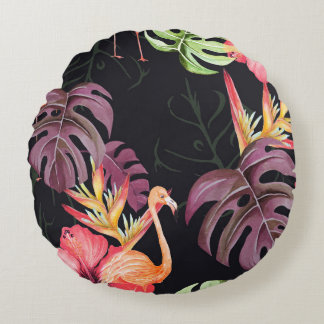 Hibiscus, flamingo's, Waterverf tropisch patroon. Rond Kussen