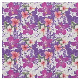 Hibiscus floral print paars roze wit en groen stof