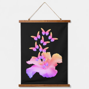 Hibiscus flower and Colorful Butterflies on Black Hangend Wandkleed