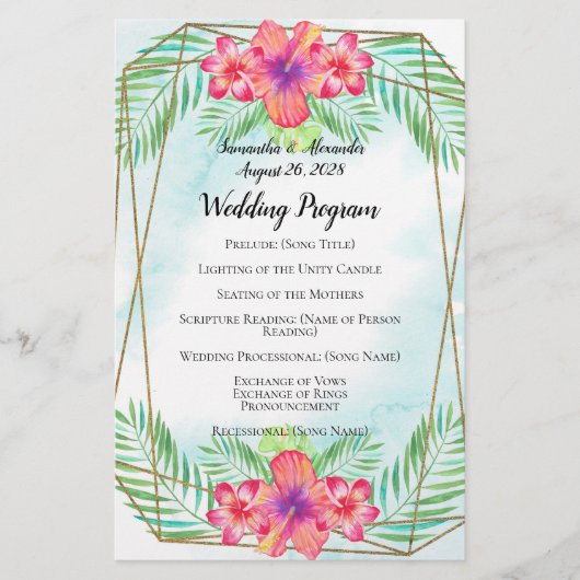 Hibiscus Flower Watercolor Beach Wedding Programme (Devant)