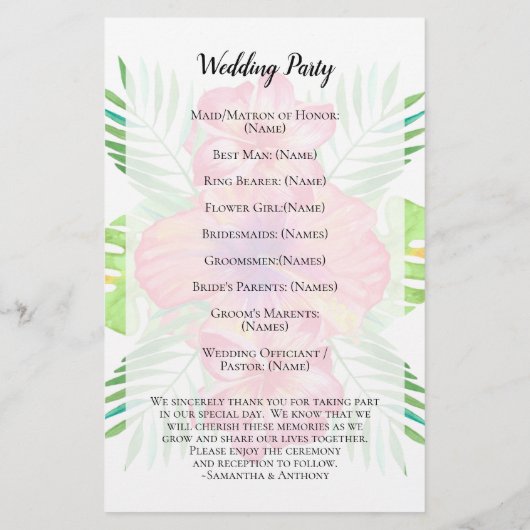 Hibiscus Flower Watercolor Beach Wedding Programme (Dos)