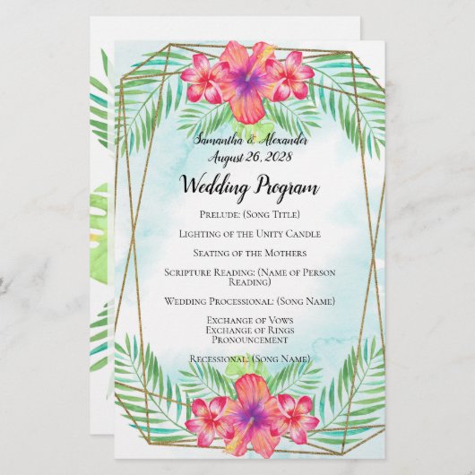 Hibiscus Flower Watercolor Beach Wedding Programme (Devant / Derrière)