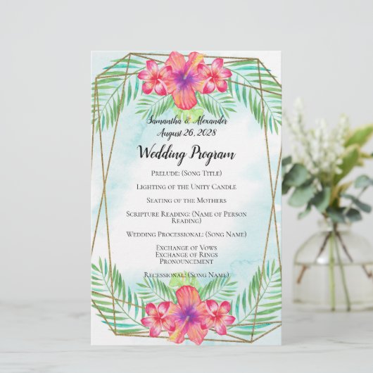 Hibiscus Flower Watercolor Beach Wedding Programme (Debout devant)