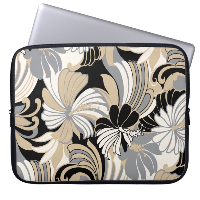 Hibiscus Jungle Hawaiian Tropical Black Wetsuit  Laptop Sleeve (Voorkant)