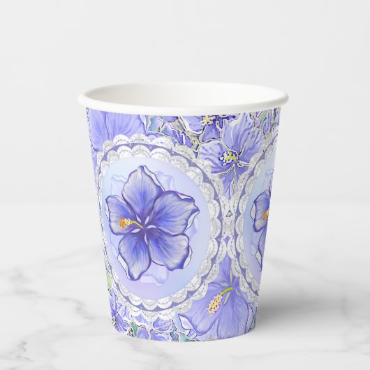 Hibiscus & kant BLAUW Papieren Bekers (Voorkant)