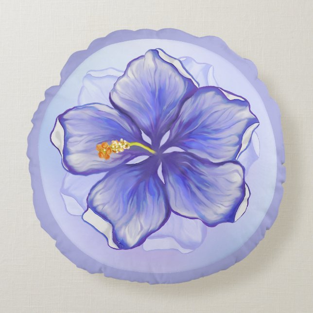 Hibiscus & kant BLAUW Rond Kussen (Voorkant)