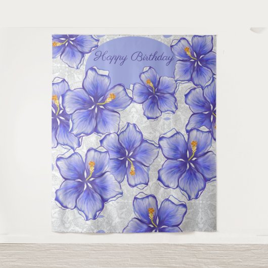 Hibiscus & kant BLAUW Wandkleed (Voorkant)