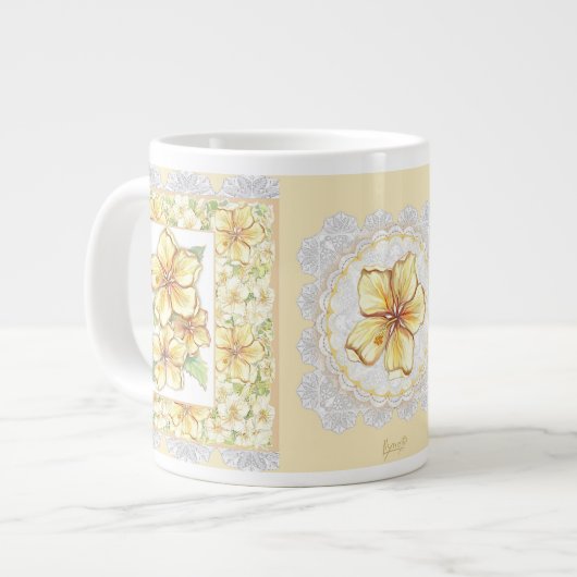 Hibiscus & kant GEEL Extra Grote Beker (Voorkant links)