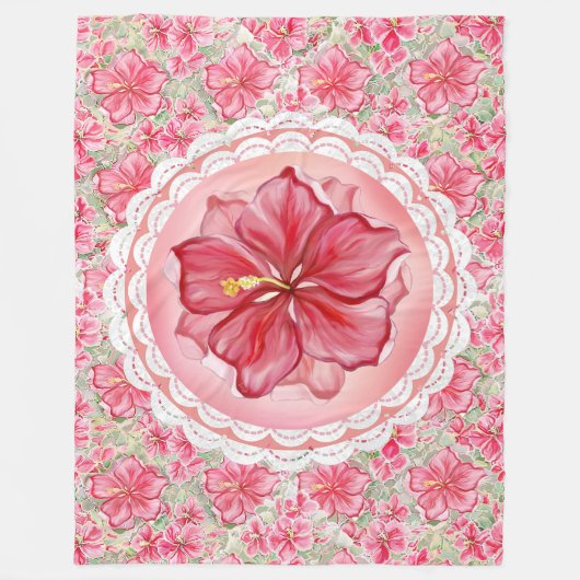 Hibiscus & kant ROOD Fleece Deken (Voorkant)