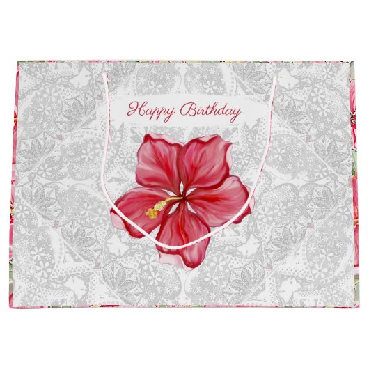 Hibiscus & kant ROOD Groot Cadeauzakje (Voorkant)