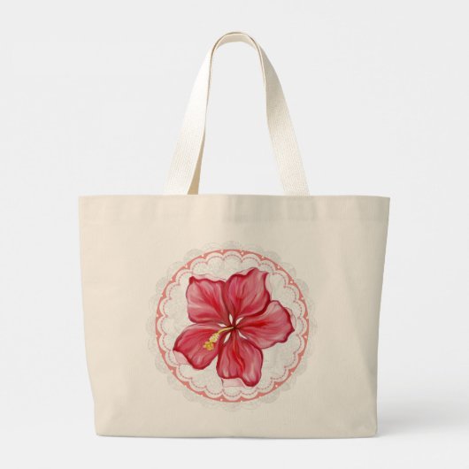 Hibiscus & kant ROOD Grote Tote Bag (Achterkant)