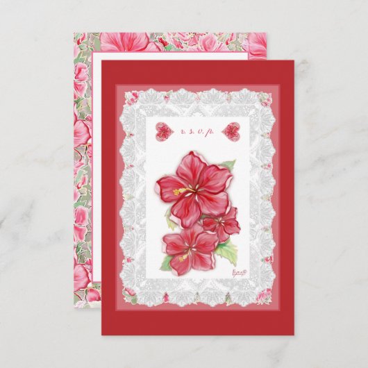 Hibiscus & kant ROOD RSVP Kaartje (Voorkant / Achterkant)