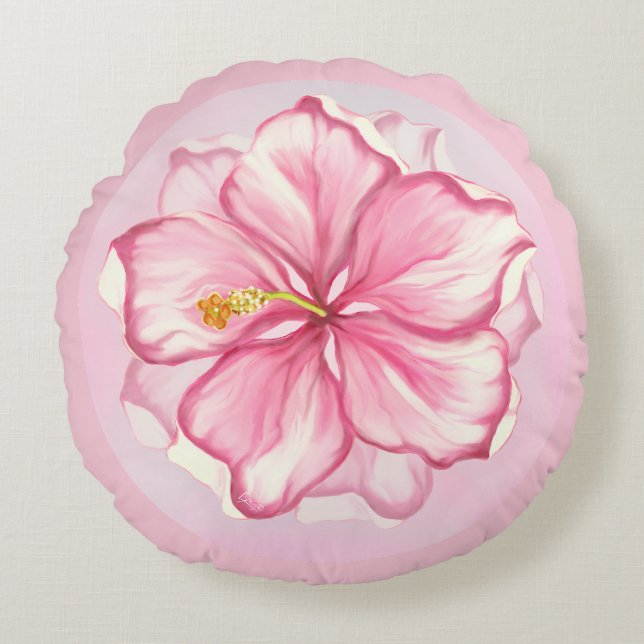 Hibiscus & kant ROZE Rond Kussen (Voorkant)