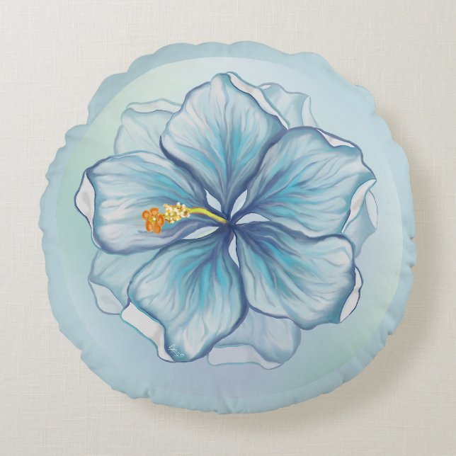 Hibiscus & kant TURQUOISE Rond Kussen (Voorkant)