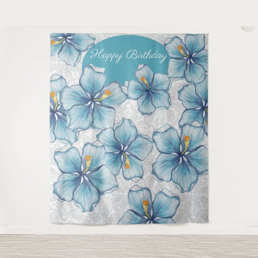 Hibiscus & kant TURQUOISE Wandkleed (Voorkant)