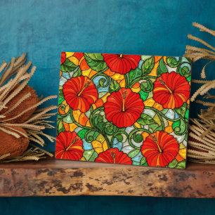 Hibiscus namaak glas-in-lood Rood Goud Groen Fotoplaat