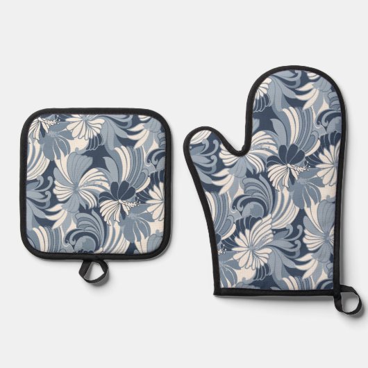 Hibiscus Oerwoud Hawaiian Tropical Floral Denim Ovenwant & Pannenlap Set (Voorkant)