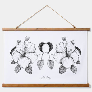 Hibiscus Poster B&W Inktekening Hangend Wandkleed