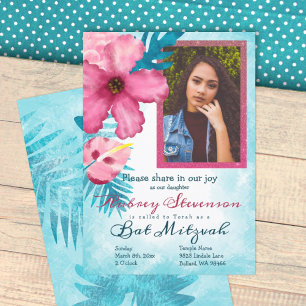 Hibiscus rose, Invitation Bat mitzvah bleu Turquoi