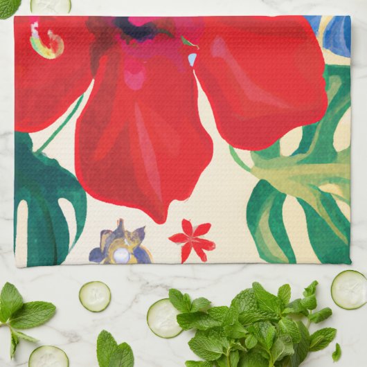 hibiscus rouge Serviette de cuisine tropicale (Plié)