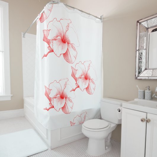 Hibiscus Sketch (wit) Douchegordijn (In situ)