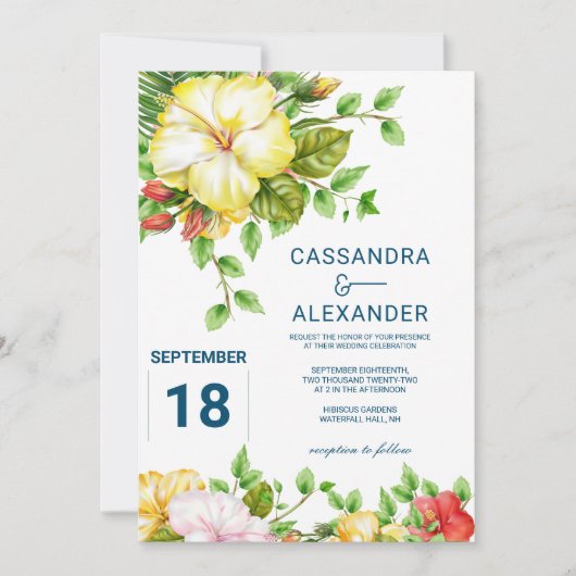 Hibiscus Tropical Floral Wedding Invitation Kaart (Voorkant)