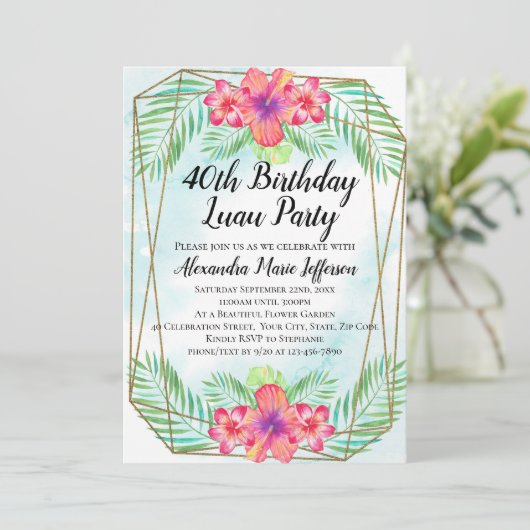 Hibiscus Tropical Luau Beach 40th Birthday Kaart (Staand voorkant)